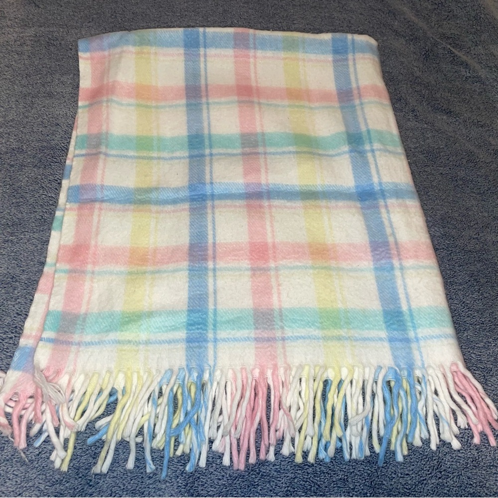 Vintage Pastel Striped Baby Blanket Acrylic Pink Blue Yellow Fringe Ends USA